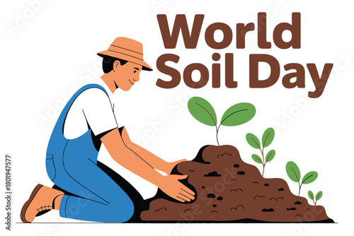 A man kneels down and tends to a small plant growing in the soil.