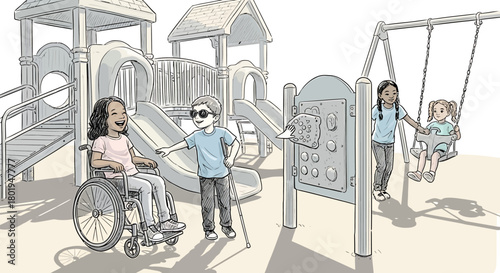 Children with disabilities playing together at an inclusive and accessible playground illustration.