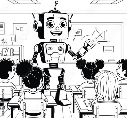 Smiling friendly educational robot teaching geometry and math to a diverse group of elementary school children in a classroom setting for future technology.
