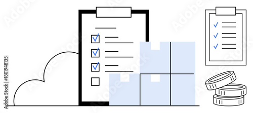 Checklist with completed tasks, stacked boxes, coins, and cloud signifies process management, goals, inventory, savings, logistics planning success. Ideal for strategy commerce financial