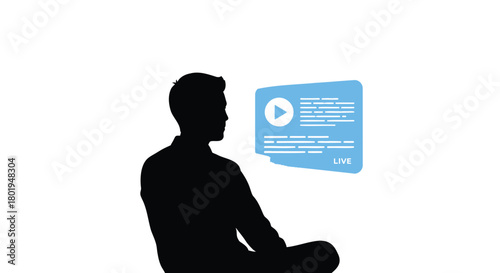 Silhouette of a person looking at a futuristic holographic screen displaying a video player interface