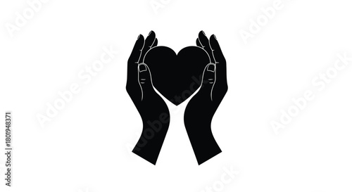 Two open hands gently cradling a dark heart symbol against a white background