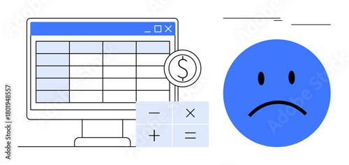 Spreadsheet interface, calculator with math symbols, and a sad face denote financial stress, loss, or budgeting concerns. Ideal for finance, accounting, budgeting, expenses debt economic downturn