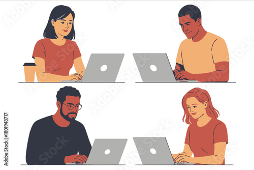Four diverse individuals are focused on their laptops, working collaboratively or independently.