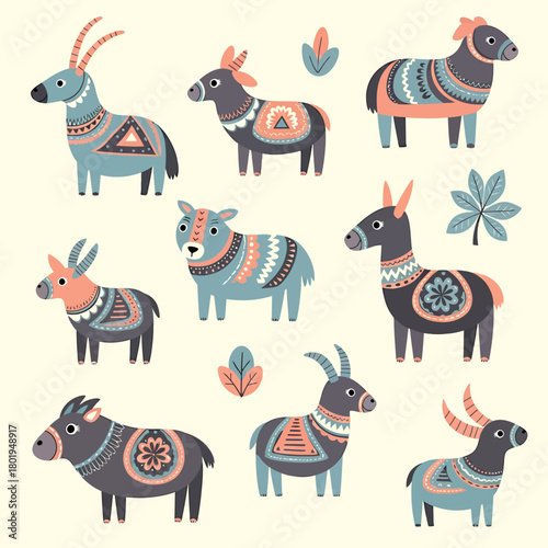 Collection of cute cartoon animals with traditional folk ornaments vector illustration set.