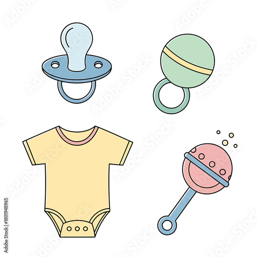 Collection of cute cartoon baby care items and toys.