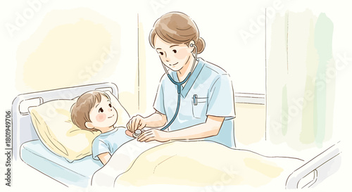 Caring female doctor examines a young boy in a hospital bed with a stethoscope.