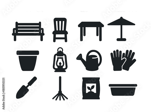 Garden tool icons collection including furniture, lantern, watering can, and gardening gloves