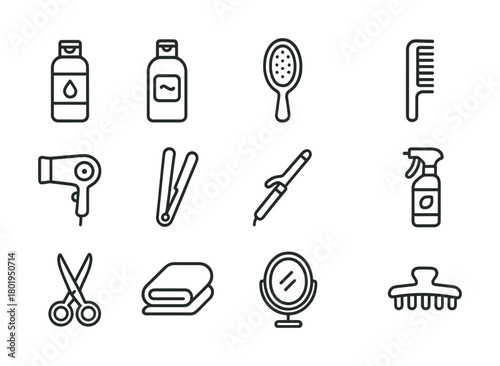 Minimalist hair care and styling icons set