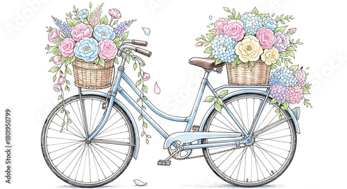 Charming Vintage Bicycle with Baskets of Colorful Spring Flowers Illustration.