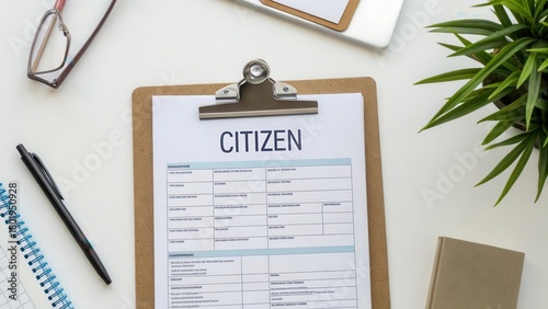 Citizenship form on a clipboard viewed from overhead