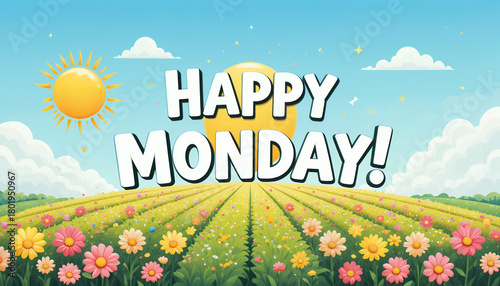 Bright cheerful sunny landscape with colorful flowers and happy monday greeting message in bold