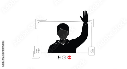 Silhouette of a person raising their hand in a video call interface with communication icons