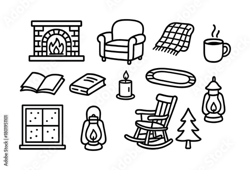 Cozy winter icons: fireplace, armchair, blanket, candle, lantern, rocking chair, hot drink