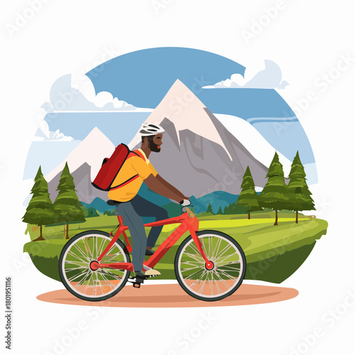 holiday vacation concept, man ride bicycle on mountain landscape.