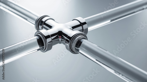 Sleek chrome pipe connector with transparent tubes, showcasing modern design and high quality materials, perfect for industrial or architectural