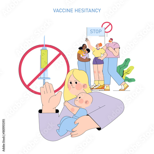 Vaccine Hesitancy Concept with Protest and Baby Care