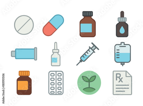 Medical icons: pills, bottles, syringe, inhaler, iv, prescription, plant