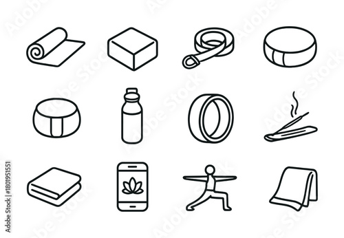Yoga equipment icons: mats, blocks, straps, meditation cushions, and more