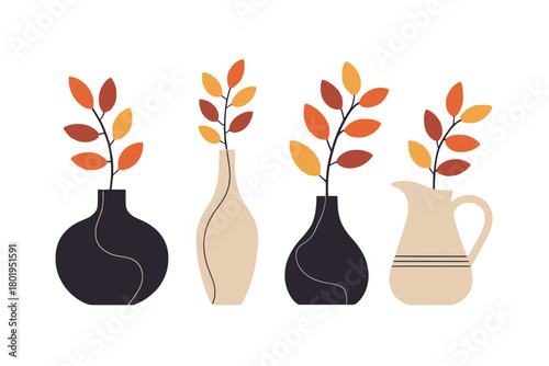 Four vases with autumn leaves are displayed in a row on a white background.
