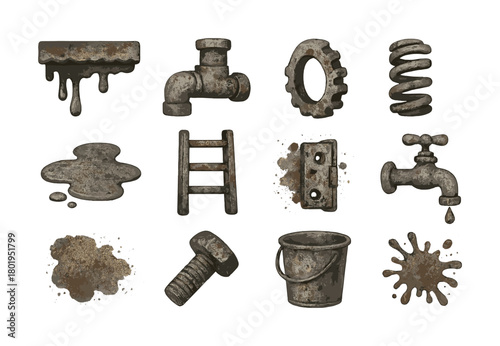 Set of twelve rusty metal objects and tools on white background