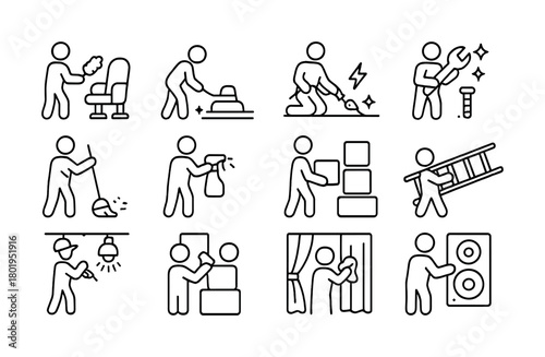 Collection of stick figures performing various household tasks and maintenance activities