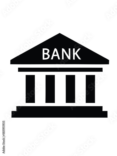 Classic bank building icon with pillars symbolizing finance, economy, and investment. Simple black vector graphic representing savings, money, and governmental institutions