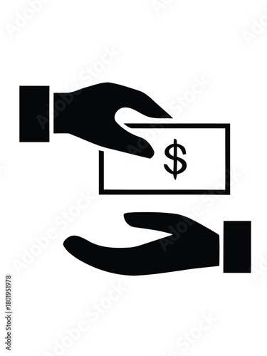 Minimalist vector illustration depicting a human hand holding a dollar banknote and coins, symbolizing financial transactions, income, payment, savings, or wealth management concepts
