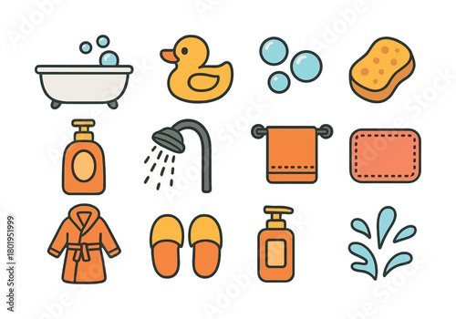Colorful bathroom icons including bath, duck, soap, and shower essentials