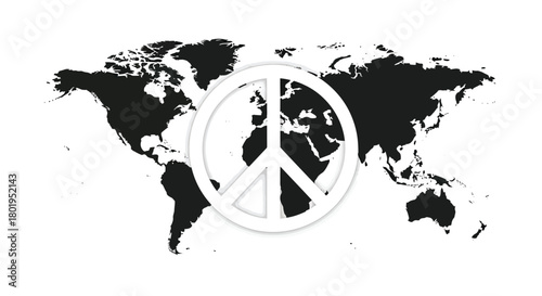 Global peace symbol superimposed on a black and white world map representing international harmony and unity