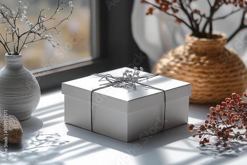 White box tied with delicate floral string on windowsill, soft morning light and dried flowers create cozy natural lifestyle vibe