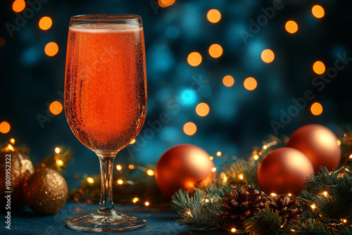 Champagne glass with bubbles festive celebration sparkling drink holiday background golden decorations pinecones lights luxury toast