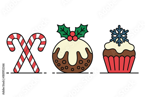 Christmas treats including candy canes, pudding, and a cupcake are displayed.