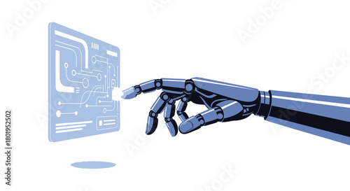Robotic hand interacting with a futuristic holographic digital interface displaying circuit board data