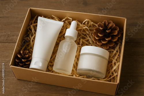 Cosmetic gift set with cream jar lotion tube and dropper bottle in paper box with pine cones on wooden table