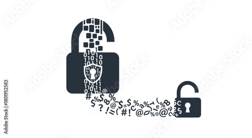 Digital padlock unlocking and transforming into abstract data stream and symbols concept