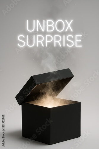 Black gift box with open lid glowing magical light inside concept of unboxing surprise mystery product reveal isolated on neutral background