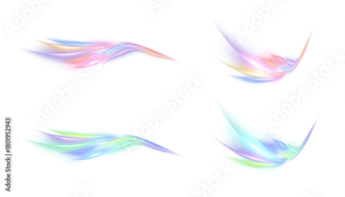 A set of pastel magical light stripes with pink and blue glows on a white background. Curved stripes for game effects and UI overlays.