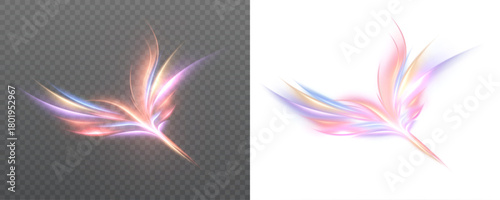 Multi-color magical energy burst with soft glowing feathers of light, forming dynamic curved streams for fantasy spells, impact visuals and bright motion accents in game and fairy-tale designs.