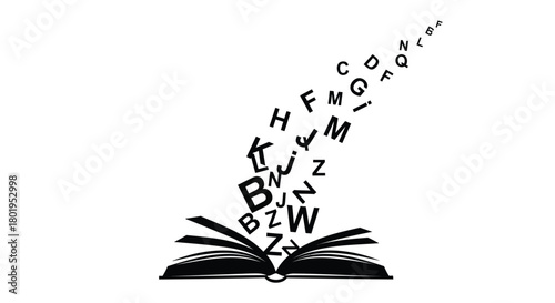 Open book with letters and alphabet symbols flying out and upwards in a whimsical illustration