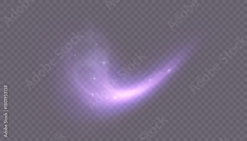 A brilliant purple magic arc with soft glowing rays and glittering dust particles, creating a dynamic glowing trail for fantasy effects, spell effects, and vibrant lighting overlays in game design.