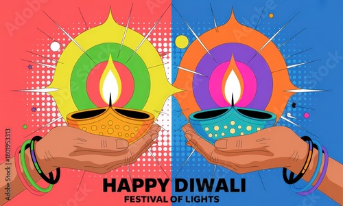 Colorful Diwali celebration with hands holding illuminated oil lamps.