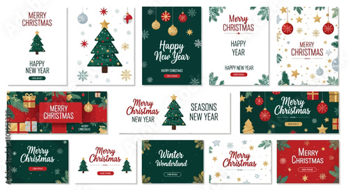 Collection of Christmas and New Year greeting card designs with festive elements.