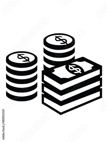 Financial Symbols Stacks of Coins and Dollar Bills in Modern Icon Design