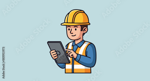 Cartoon construction worker checking digital tablet flat vector.