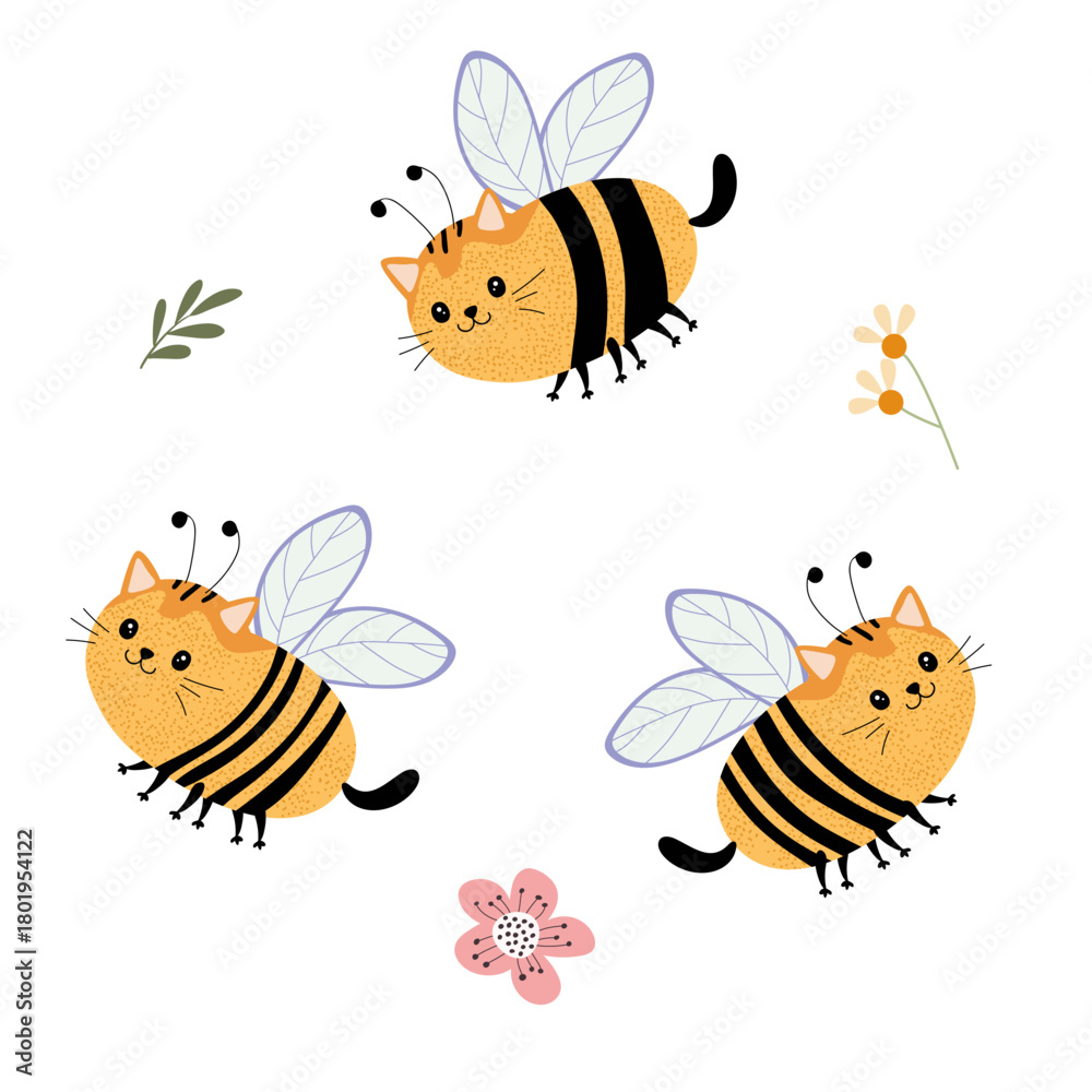 Fototapeta premium Three cute yellow cat bees flying. Funny animal insect character with stripes and wings. Creative design for kid product.