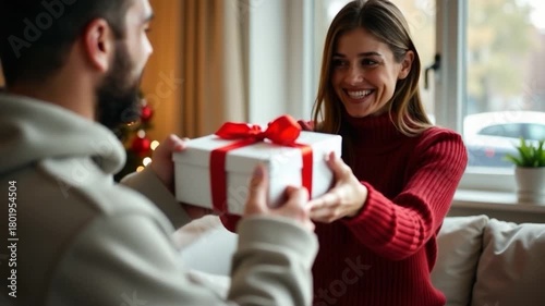 A man presents a gift to a woman, possibly on a special occasion