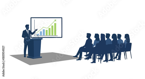 Business professional presenting a growth chart on a screen to an attentive audience seated in a conference room