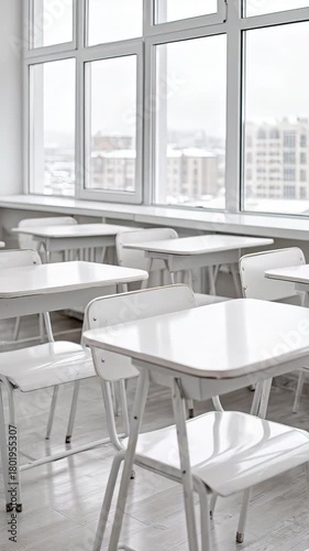 Empty classroom with white desks, chairs near large,vertical video