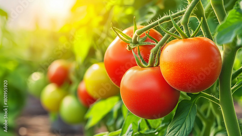 Ripe red tomato on vine among green leaves in morning sunlight, fresh organic garden produce with natural dew and warm golden glow